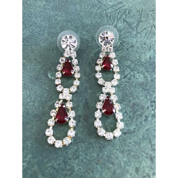 Vintage Jewelry - Red & White Pierced Earrings Rhinestone Teardrops
